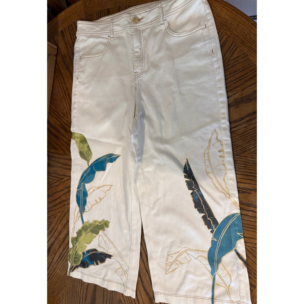 Chicos Trouser Crop Jeans White Tropical Palm Leaf Wide Leg Size 12